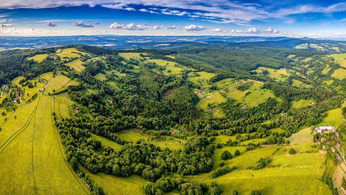Aerial view of Zitkova, Czech Republic with fields and forests