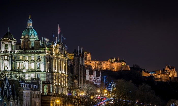 Edinburgh Castle and buildings at night