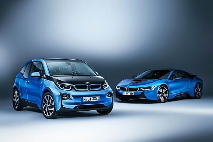 Two blue BMW electric cars: i8 Coupe and i3