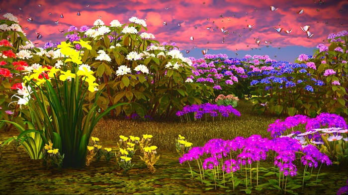 4K Garden with Phlox, Daffodils, and Butterflies
