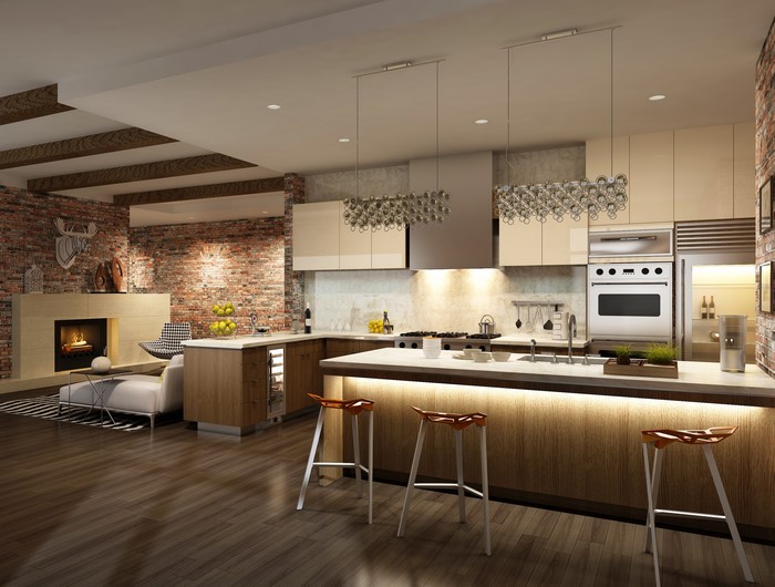 Modern kitchen and living area with brick walls and fireplace