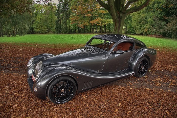 Grey 2008-09 Morgan Aeromax parked on fallen leaves