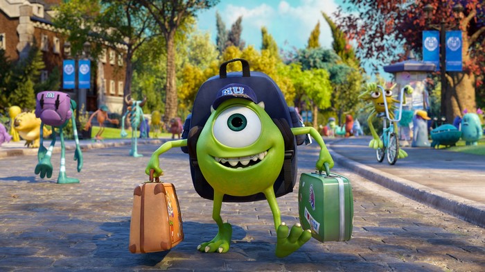 Mike Wazowski from Monsters University with luggage