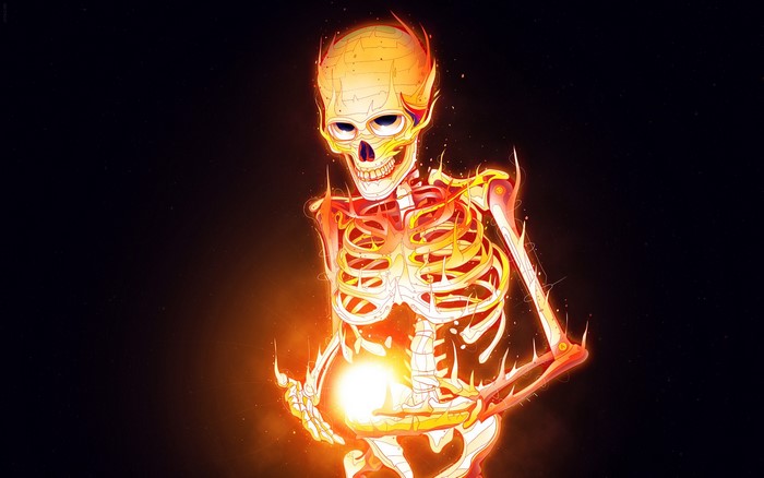 Skeleton holding a glowing orb with fire effects