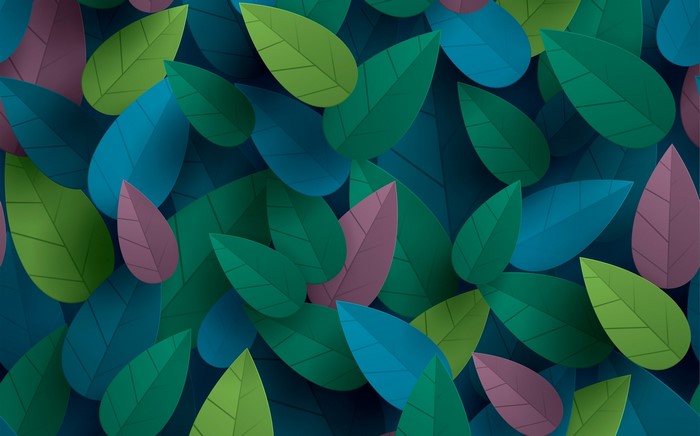 Pattern of overlapping leaves in green, blue, and pink