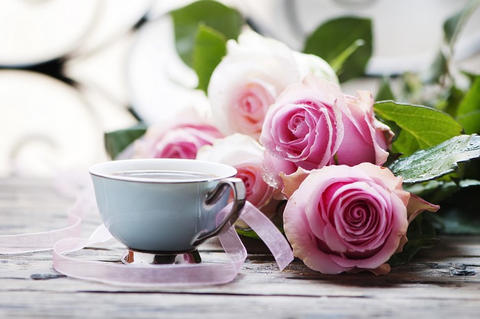 Pink Roses and Coffee Cup with Ribbon