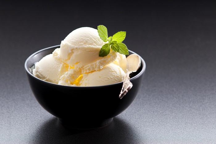 Vanilla ice cream in a bowl with mint