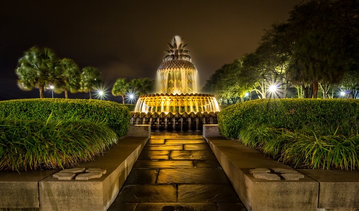 Charleston Pineapple Fountain at Night
