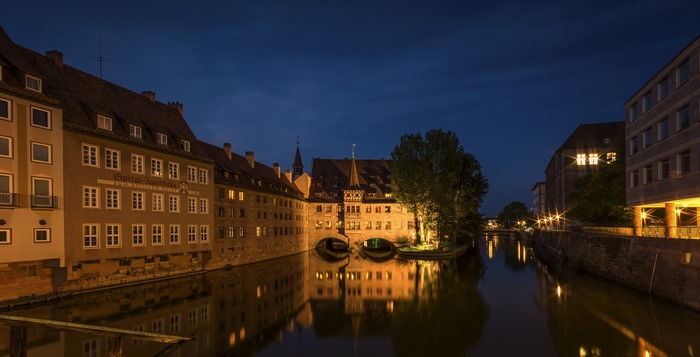 Nuremberg Germany Riverfront Buildings at Night