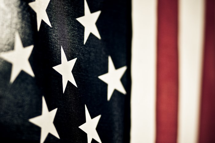 Close-up of the American flag with stars and stripes