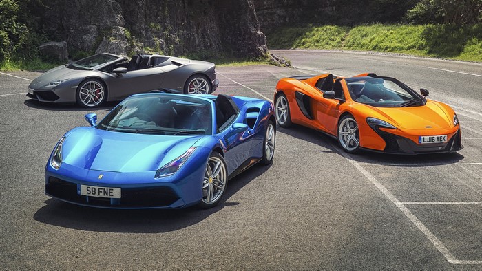 Ferrari 488, Lamborghini Huracan, and McLaren 650S Convertibles