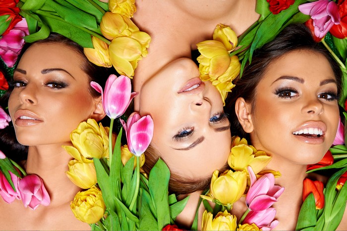 Three women with tulips