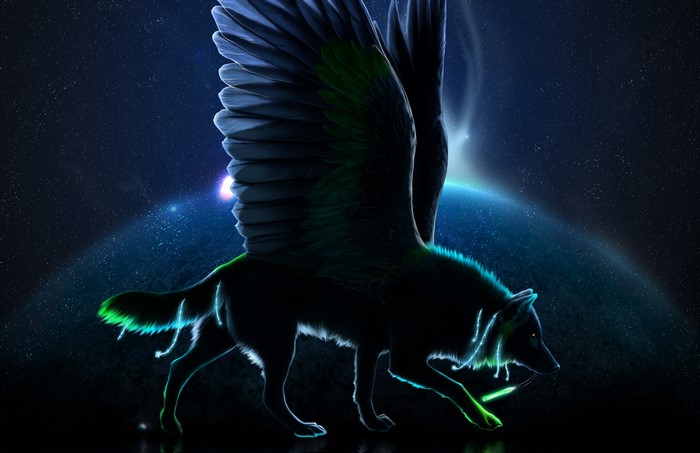 Winged wolf with glowing neon accents in space