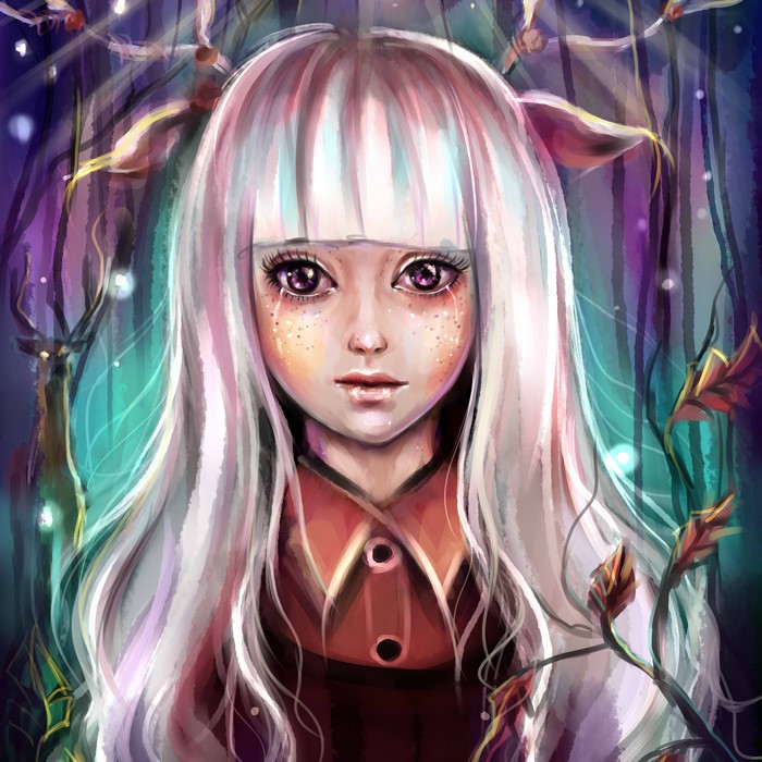 Girl with white hair and deer in forest