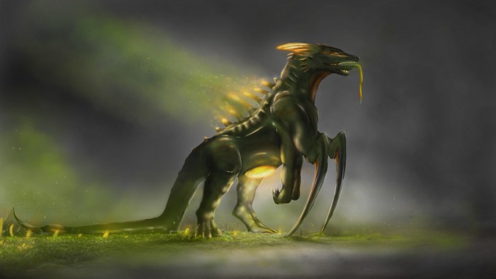 Green monster with glowing spikes in misty environment