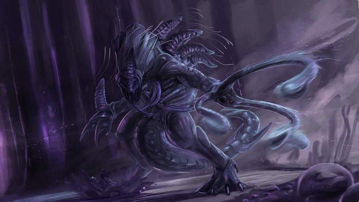 Alien monster with tentacles in a dark forest