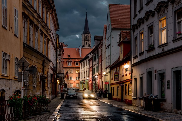 Street at night in Cheb, Czech Republic