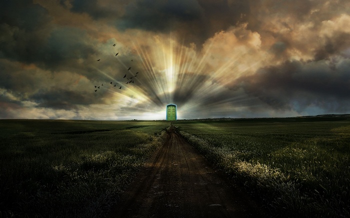 Green door in a field with dramatic sky