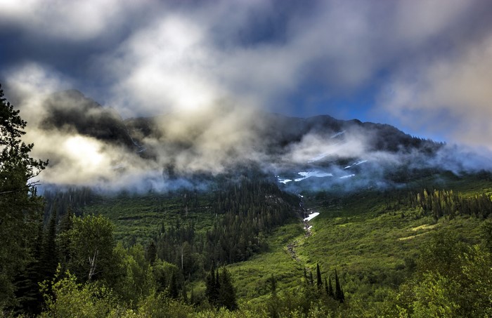 Mountains shrouded in fog in Glacier National Park, Montana