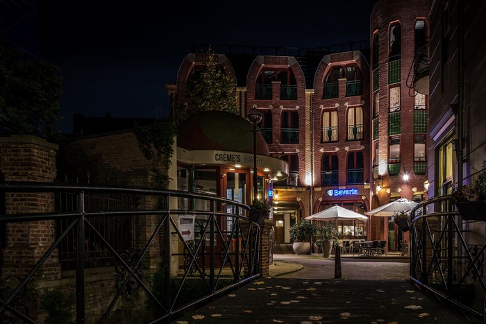 Night view of Creme's Bakery and Bavaria building in Den Bosch, Netherlands