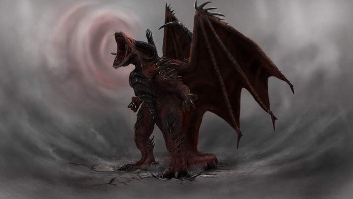 Red Dragon with Wings in Swirling Mist
