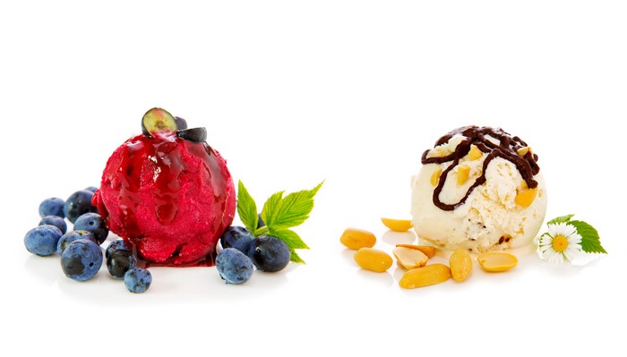 Ice cream scoops with blueberries and nuts