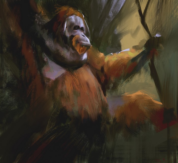 Painting of an orangutan in a forest