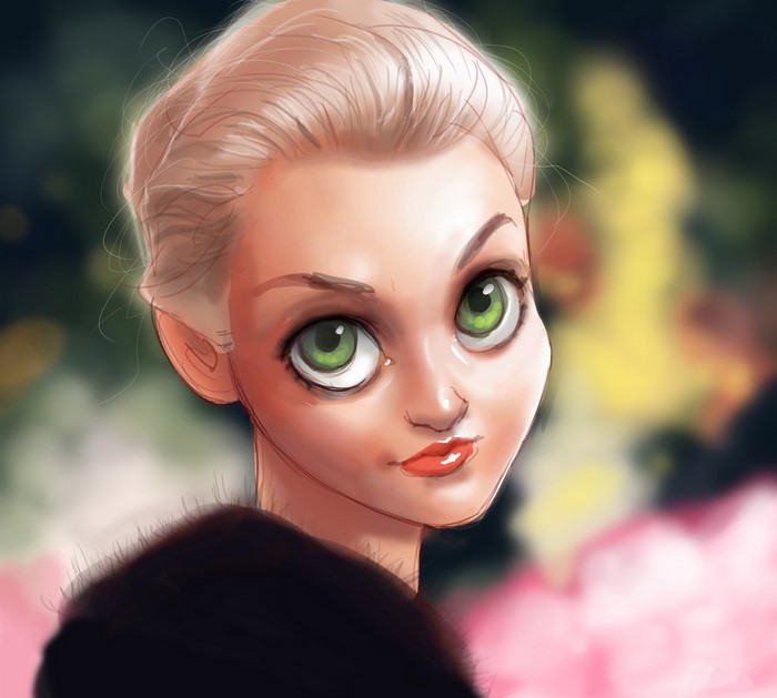 Painting of a blonde woman with green eyes