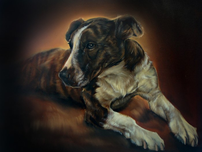 Painting of a brindle dog lying down