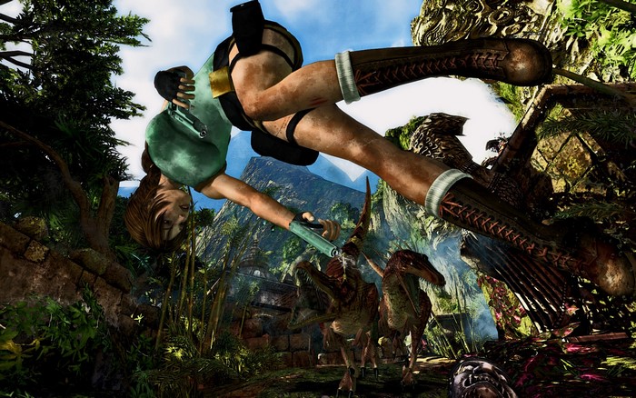 Lara Croft from Tomb Raider with Pistols and Raptors