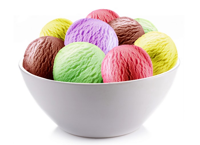 Bowl of multicolor ice cream scoops