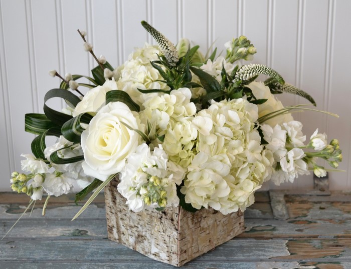 White Roses, Hydrangeas, and Matthiola in a Birch Box