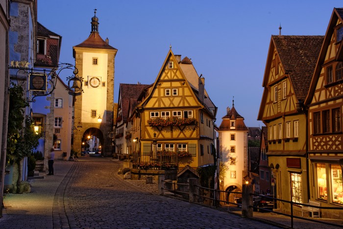 Rothenburg, Germany street at night with historic houses