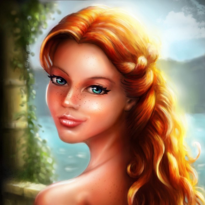Redhead girl with blue eyes, painting art