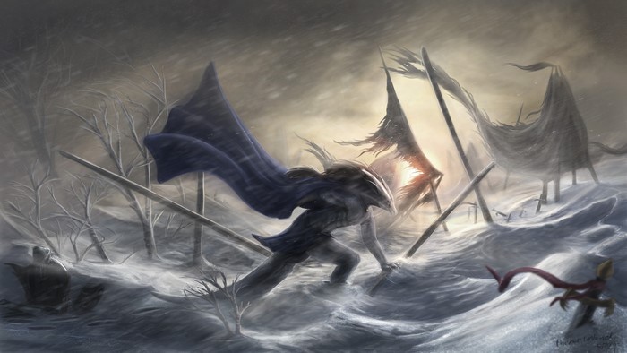 Warriors in a snowstorm with tattered flags