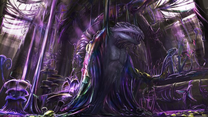 Alien creature in a purple, bioluminescent cavern