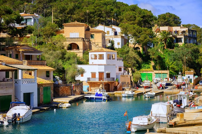 Boats docked in a harbor with houses on a hillside in Spain