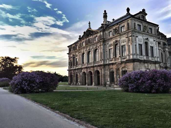 Palace in Dresden, Germany with blooming lilacs
