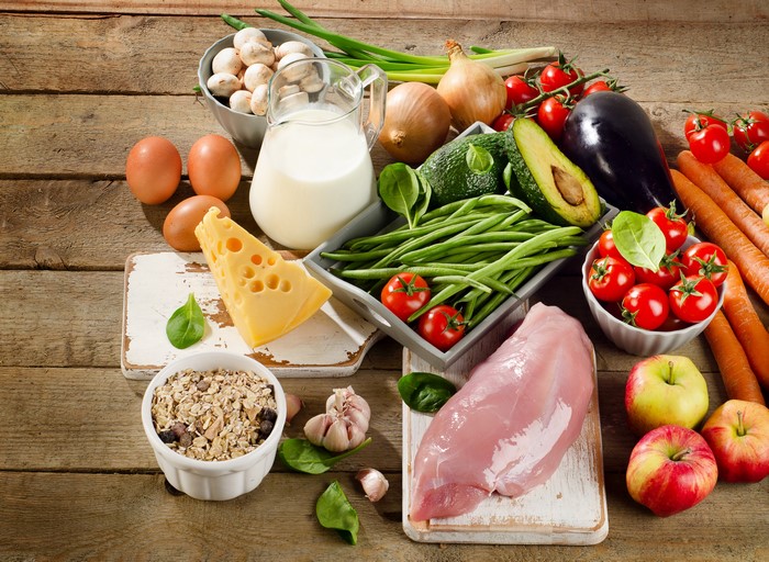 Still life of raw chicken breast, eggs, cheese, milk, and fresh produce