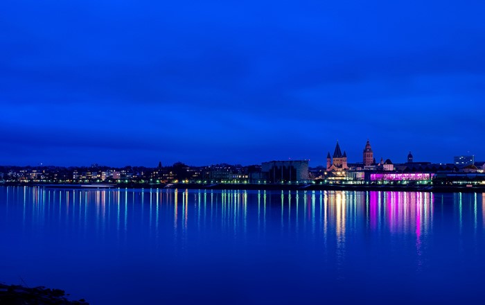 Mainz skyline at night with river reflections