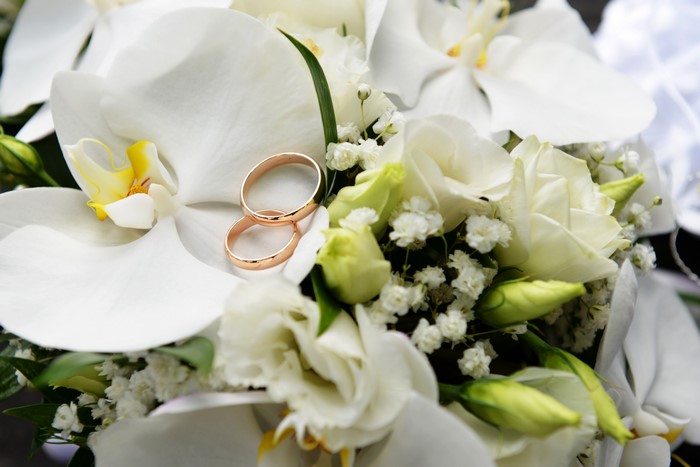 Wedding Rings on White Orchids