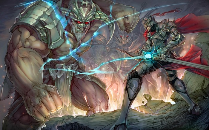 Warrior in Armor Fights Giant Monster