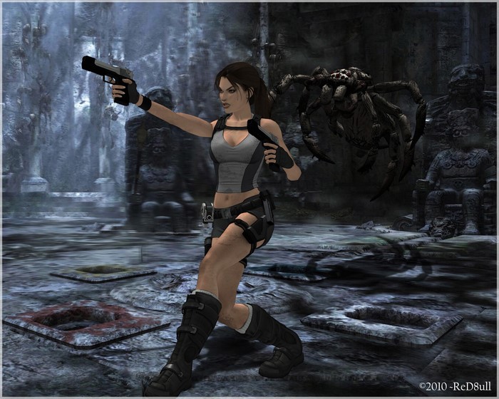 Lara Croft from Tomb Raider fighting a giant spider
