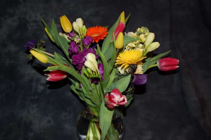 Colorful bouquet of tulips and gerberas in a vase