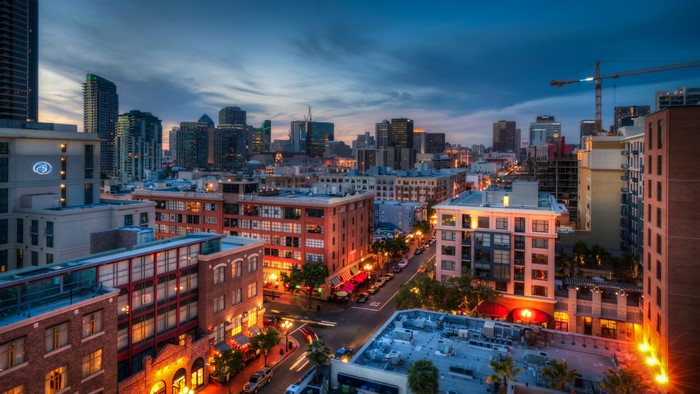 San Diego Cityscape at Dusk with Crane