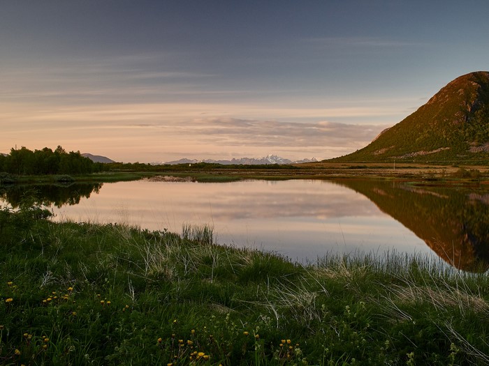 Lake and Mountain Reflection at Dusk in Lofoten, Norway
