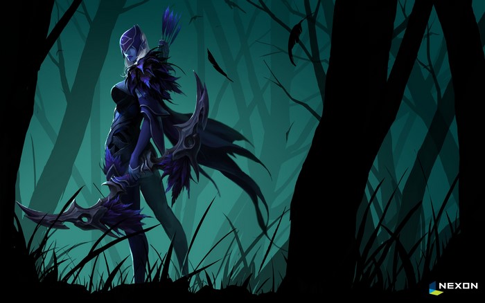 Drow Ranger from DOTA 2 in a dark forest
