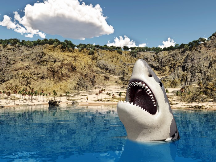 Great white shark emerging from the sea near a tropical island