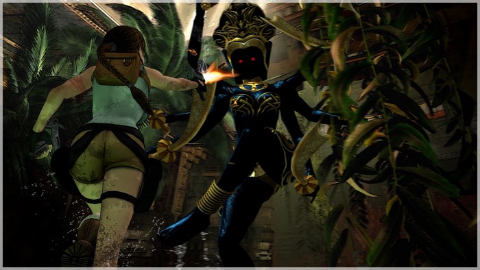 Lara Croft fighting a multi-armed demon in a jungle ruin