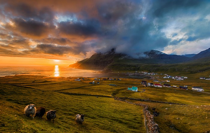 Famjin village, Faroe Islands at sunset